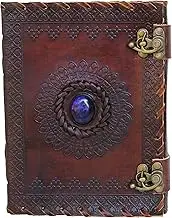 8" Leather Journal with clasp stone Writing Pad Blank Notebook Handmade Notepad For Men & Women Unlined Paper Best Present Art Sketchbook Travel Diary To Write Book Of Shadows Refillable Grimoire