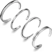 [RIOSO] 4Pcs Men's Cuff Bracelet Silver Cuff Bracelet for Men Adjustable Twisted Bangle Cuff Bracelets Set, 7 inches, Silver Cotton, no gemstone