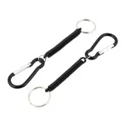 Carabiner Hook Elastic Spring Coil Strap Rope Keychain Black 5 Inch Long 2 Pcs