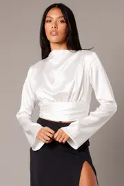 White Backless Top Flared Sleeve High Neck Blouse - Size 8, Women's Shirt
