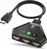 HDMI Switch 3 in 1 Out, 4K@60Hz HDMI Switcher with Gold Plated Ports, Plug & Play, Supports Full HD 1080P 3D Compatible with Roku TV Stick HDTV PS4/PS5 Xbox, Ideal for Gaming, Home Theater, Streaming
