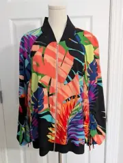 Natori Tropical Palm Print Full Zip Wide Sleeve Black Bomber Jacket Size XL