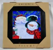 HOME & GARDEN CHRISTMAS SANTA & SNOWMAN CERAMIC & WOOD TRIVET 8" SQ NEW IN BOX