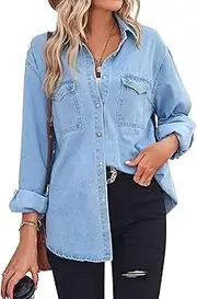 [OULIWANGLUO] Women's Casual Denim Shirts with Pocket Jean Shirt Jacket Tunic Tops Button Down Roll Up Long Sleeve Blouses