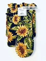 April Cornell Yellow Sunflower Potholder and Oven Mitt Cotton Black NEW