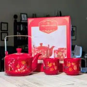 Red Porcelain LUNAR NEW YEAR Tea Set Red and Gold Teapot Two Small Tea Cups