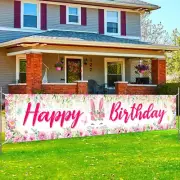 Bunny Birthday Banner Decorations for Girls,Easter Banner Pink Floral Rabbit Spr