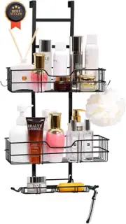 Door Shower Caddy Organizer, 3-Tier Shelf with Soap Holder, Hooks, Matte Black