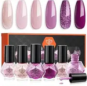 Modelones Nail Polish Set 6 Colors, Purple Glitter Pink Shimmer Sparkle Mini Nail Lacquer Kit, Infinite Shine Quick Dry Long Lasting Nail Art DIY Home Salon Manicure for Women Girls
