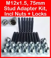 M12 x 1.5 75mm Stud Adapter Kit for VW Volkswagen Inc Nuts + Locks (Silver)