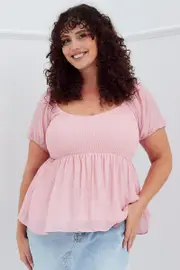 Pink Peplum Top Short Sleeve Shirred
