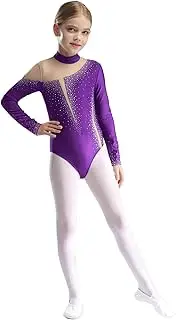 [Aislor] Kids Girls Sparkly Rhinestone Long Sleeve Gymnastics Leotard Ballet Dance Team Bodysuit Unitard Dancewear