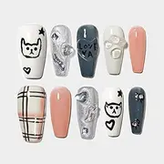 [Sun&Beam Nails] Handmade Press-on Medium Long Coffin Ballerina White Pink False Nail Tips Hand-Painted Cat Dog Design Fashionable Artificial 10 Pcs Set (#150 XS)
