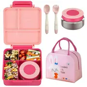 Nevenka Bento Lunch Box Set with 4 Compartment Kids Thermo Hot Food Jar and Insulated Lunch Bag-Pink