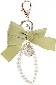 [FOMIYES] Bow Keychain Keychains Woman Charms Aesthetic Charming Pink Purse Key Chain Pearl Accessory Knot Fashion Wrist Lanyard for Keys Key Lanyard Wrist Olive Green Metal