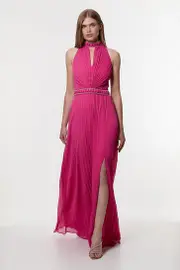 Crystal Embellished Woven Split Maxi Dress