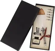 Quill Feather Pen, Antique Dip Quill Pen Calligraphy Writing Ink Pen Feather Fountain Pen Set with 5 Replacement Nibs for Stationery Gift