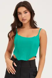 Green Rib Singlet Round Neck - Size L, Women's Singlet