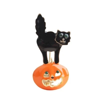 Halloween Brooch Cat with Pumpkin Enamel Gold Tone