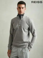 Reiss Grey Melange Hale Leather-Placket Interlock-Jersey Sweatshirt (E78635) | $240
