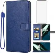 Compatible with OnePlus 11 5G Wallet Case Tempered Glass Screen Protector Cover Card Holder Stand Cell Accessories Phone Cases for One Plus11 1 Plus 1plus11 One+ 1+ Women Men Blue