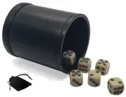 (6) 16mm Circle-in-Circle Design Dice + PU Leather Black Felt Lined Dice Cup New