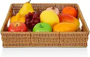 Handwoven Rectangular Serving Tray Imitation Rattan Tray with Handles Decorative Coffee Tabletop Serving Baskets Rattan Storage Baskets Organizer Platter for Tabletop Bathroom Kitchen