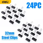 24pc Deli Foldback Steel Paper Clip Office Document Clamp Binder Black 32mm