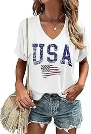 [KYVPO] USA Flag V-Neck Shirt Women Star and Stripes Graphic Tops Red White and Blue Short Sleeve Tee Summer Patriotic T-Shirt, 04-awhite, XX-Large