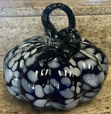 Nicole Miller Blue White Speckled Hand Blown Glass Pumpkin