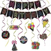 Simpeak Happy Birthday Party Decorations, Black Hanging Banner Flag Birthday Banner bunting With Hanging Swirls Streamers for Women Men Girls Boys Kids Happy Birthday Party Supplies