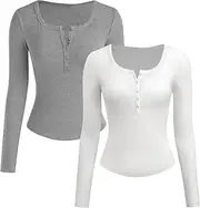 Long Sleeve Shirts for Women 2 Pack Rib Knit Slim Fit Going Out Tops Basic Tee Fall Undershirts Underscrubs Base Layer