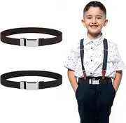 [Bremorou] Kids 2 Pack Elastic Belts with Silver Buckle - Adjustable, Stretch Toddler Belts for Boys & Girls, Black