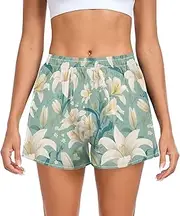 [FRODOTGV] Retro Lilies Pale Green Women Athletic Shorts Loose & Comfy Exercise Shorts for Golf Swim Bike Yoga Jog S