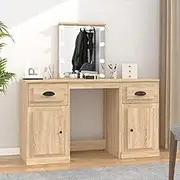 Dressing Table with LED Lights, Sonoma Oak Finish, Size 130x50x132.5 cm, Featuring Engineered Wood & Acrylic, with Storage Cabinet, Vanity Desk with USB Connector