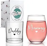 Joymaking Mummy and Daddy Glasses Set, Wine Glass and Whiskey Glass, 300ml and 520ml, Stemless, Glass, Perfect for New Parents, Anniversaries, Valentine's Day, Mother's Day