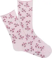 [K BELL] K.Bell Women's Ditsy Spring Roll Top Crew Socks 1 Pair, Petite Pink, Women's 4-10 Shoe, Petite Pink, 4-10