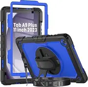 [Herize] Galaxy Tab A9+ Case SM-X210/X215/X216 with Screen Protector | Heavy Duty Shockproof Cover W/Penci Holder 360 Rotating Stand Hand Strap Shoulder Strap for Samsung Tab A9 Plus 11 Inch | Blue