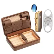 Cedar Wood Cigar Humidor Leather Case 3 Jet Torch Cigar Lighter Punch and Cutter