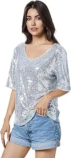 [Yutuwomsfushi] Women’s Full Sequin Tops Shimmer Glitter Party V Neck Shirt Half Sleeve Sparkle T-Shirt Blouses Tunic Top