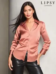 Lipsy Pink Ruched Side Satin Button Through Shirt (F20691) | $58