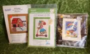 3 VINTAGE NIP CREWEL Kits. Rabbit on scooter- Barn- Hot air Balloon Unicorn