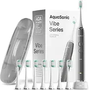 Aquasonic Vibe Series Ultra-Whitening Toothbrush – ADA Accepted Electric Toothbrush - 8 Brush Heads & Travel Case – 40,000 VPM Motor & Wireless Charging - 4 Modes w Smart Timer – Charcoal Metallic