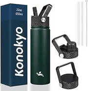 Konokyo Insulated Water Bottle with Straw,22oz 3 Lids Metal Bottles Stainless Steel Water Flask,Army Green