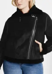 CITY CHIC Sherpa Hunter Jacket in Black Plus Size Medium/18 NWT [RRP $149.95]