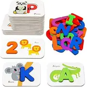Number and Alphabet Flash Cards for Toddlers 2-4 Years, ABC Montessori Educational Toys Gifts for 2 3 4 Year Old Preschool Learning Activities Wooden Letters and Numbers Animal Puzzle Flashcards Set