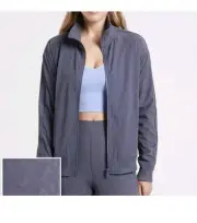 ATHLETA Jacket Womens Brooklyn Bomber Blue Jacquard Leopard Print Full Zip XS