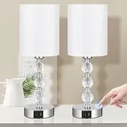 Clora 2 Pack Touch Bedside Crystal Lamp for Bedrooms Nightstand with USB C+A Charging Port, 3 Way Dimmable Silver End Side Table Lamp for Living/Guest/Dinning Room/Kitchen
