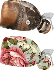 [YTYVAGT] 2-Pc,Nurse Scrub Caps,Scrub Hats with Buttons and Cotton Sweatband,Animal Fox Red Forest