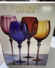 New Box CELLINI Oversized Crystal Stemware 24 KT Gold Flake Stem Set 4 Wine